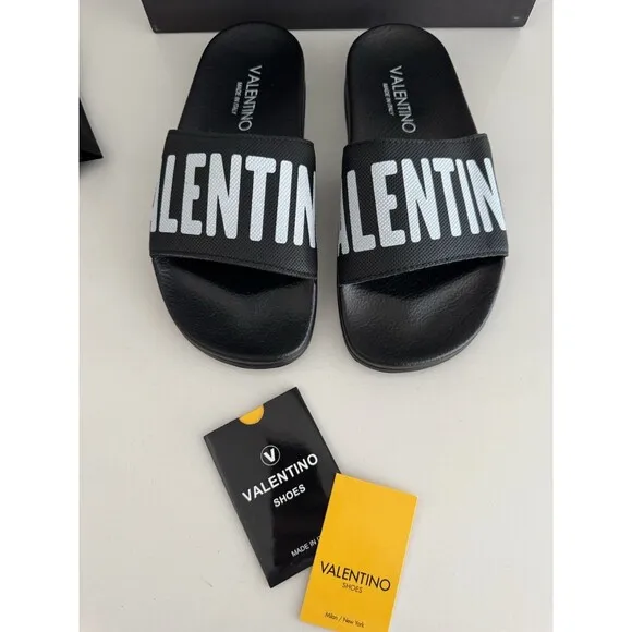 VALENTINO Black Stripe Contrast Irene Slip On Slide Sandal Designer MP$300 Sz 6