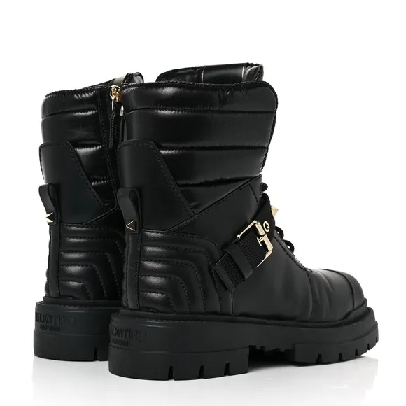 VALENTINO GARAVANI CALFSKIN NYLON ROCKSTUD QUILTED WATERPROOF COMBAT BOOTS