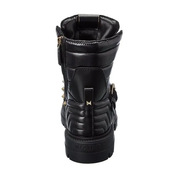 VALENTINO GARAVANI CALFSKIN NYLON ROCKSTUD QUILTED WATERPROOF COMBAT BOOTS