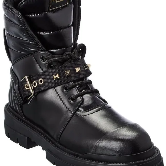VALENTINO GARAVANI CALFSKIN NYLON ROCKSTUD QUILTED WATERPROOF COMBAT BOOTS