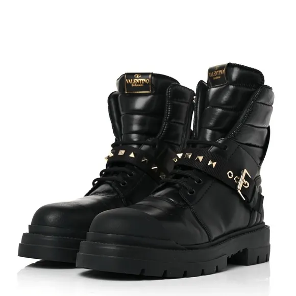 VALENTINO GARAVANI CALFSKIN NYLON ROCKSTUD QUILTED WATERPROOF COMBAT BOOTS