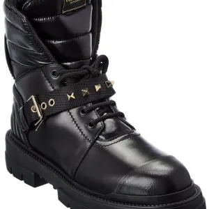 VALENTINO GARAVANI CALFSKIN NYLON ROCKSTUD QUILTED WATERPROOF COMBAT BOOTS