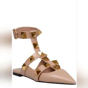 Valentino Rock Stud Beige Neutral Studded Ankle-Strap Flats Size 37 or 7