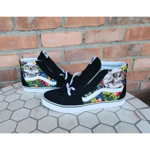 Vans Men's Sk8-Hi Fruit Skull Skeleton Black White Striped shoes Size 11.5