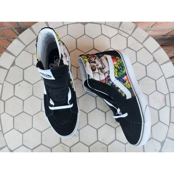 Vans Men's Sk8-Hi Fruit Skull Skeleton Black White Striped shoes Size 11.5