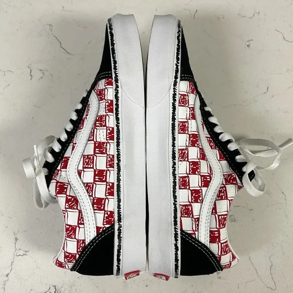 Vans Old Skool Sketch Checkerboard Skate Shoe Black/Red White Men 6.5 - Women 8