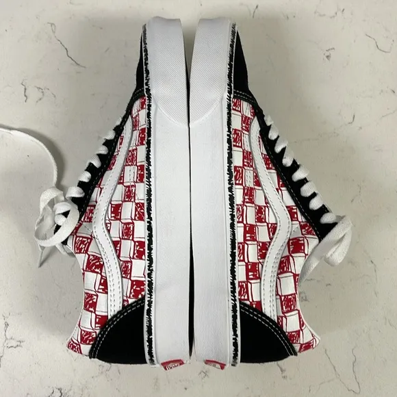 Vans Old Skool Sketch Checkerboard Skate Shoe Black/Red White Men 6.5 - Women 8