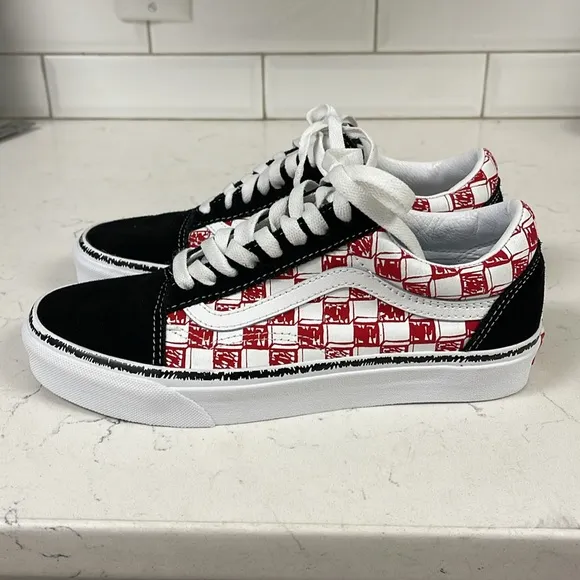 Vans Old Skool Sketch Checkerboard Skate Shoe Black/Red White Men 6.5 - Women 8