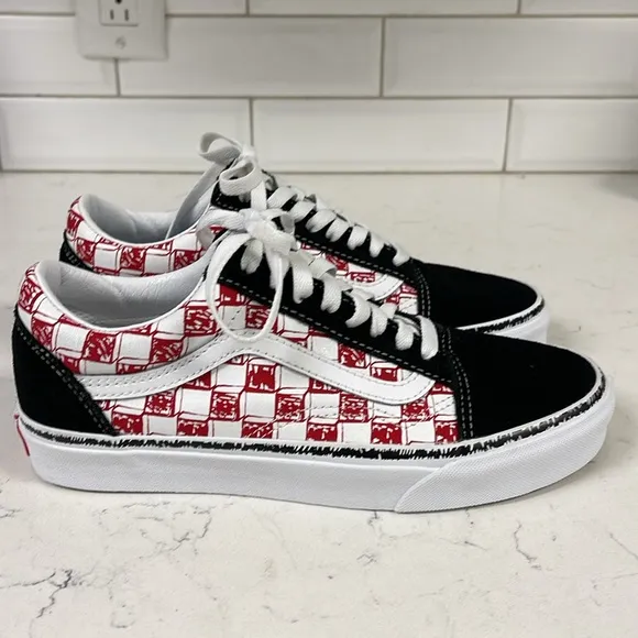 Vans Old Skool Sketch Checkerboard Skate Shoe Black/Red White Men 6.5 - Women 8