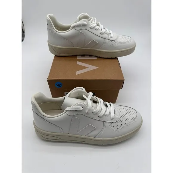 Veja V-90 Leather Sneakers Perforated White Casual Shoes Women's Size 10