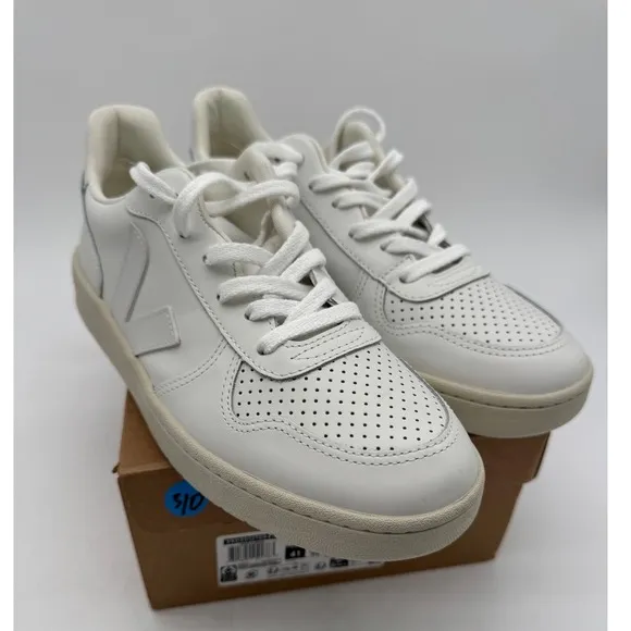 Veja V-90 Leather Sneakers Perforated White Casual Shoes Women's Size 10