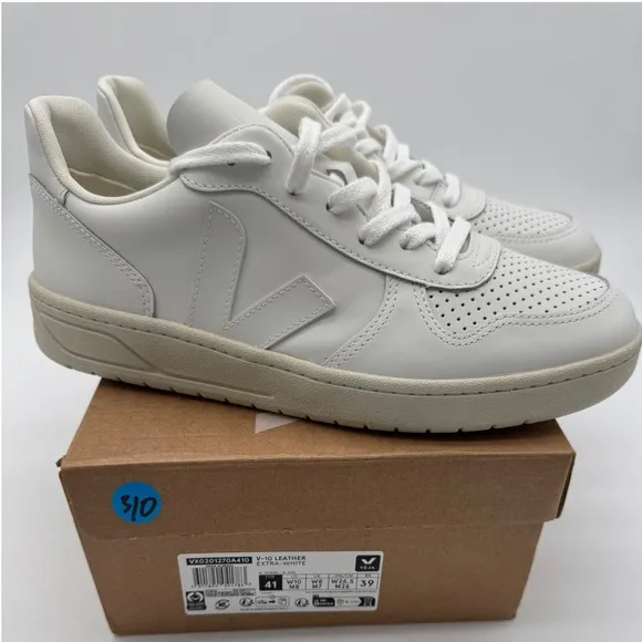 Veja V-90 Leather Sneakers Perforated White Casual Shoes Women's Size 10