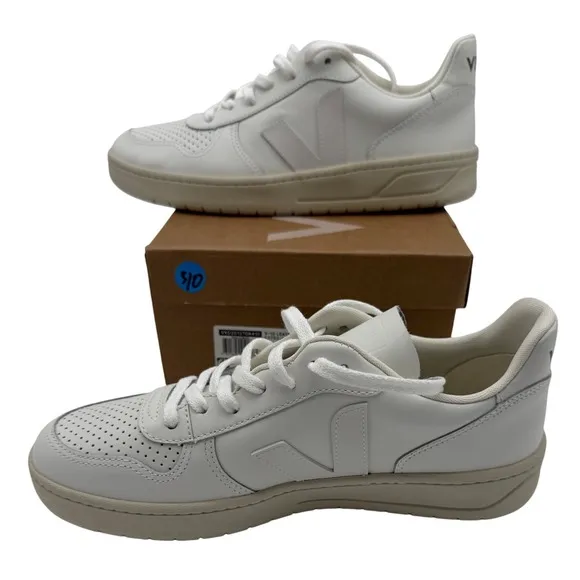 Veja V-90 Leather Sneakers Perforated White Casual Shoes Women's Size 10