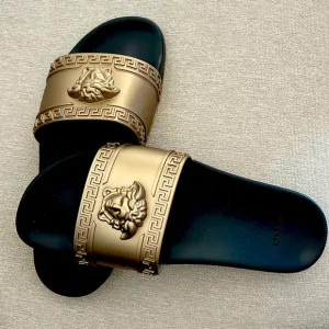 Versace Mens Palazzo Metallic Rubber Slides Bronze/Black size 10 (43) BRAND NEW