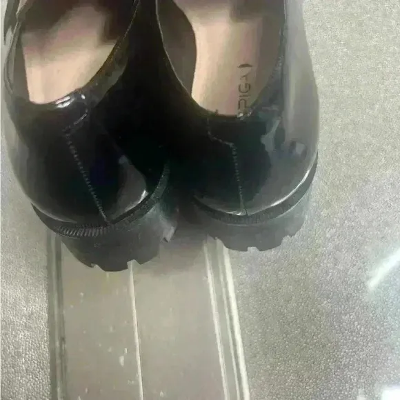 Via Spiga Black Patent Leather Chunky Platform Slip on Loafers Size 9