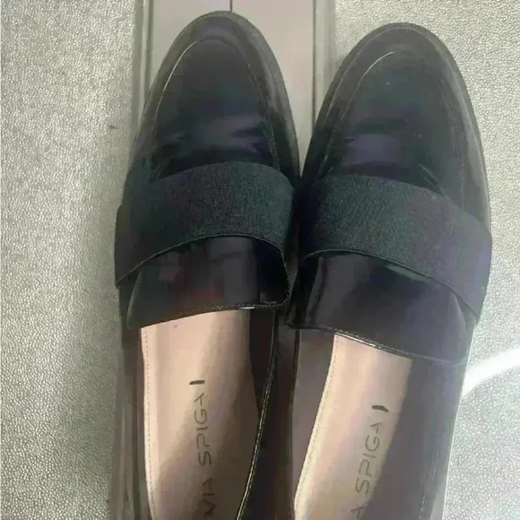 Via Spiga Black Patent Leather Chunky Platform Slip on Loafers Size 9