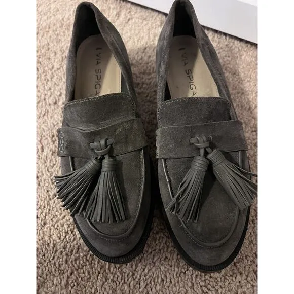 VIA SPIGA SUEDE TASSELED SLIP ON WOMAN'S BROWN COMFORT CHUNKY HEELS LOAFERS Sz 6