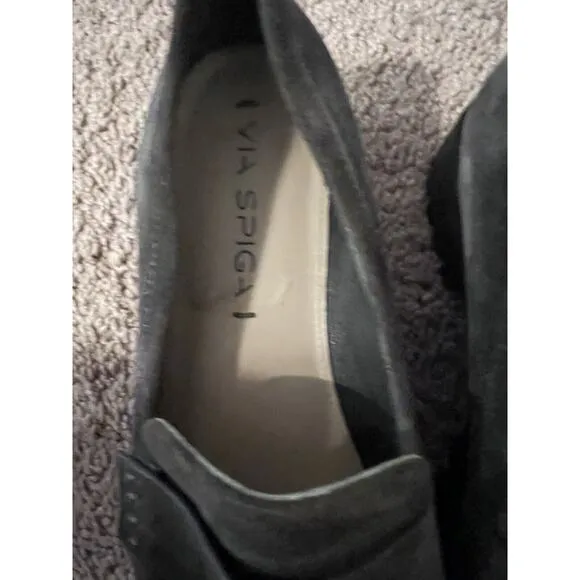 VIA SPIGA SUEDE TASSELED SLIP ON WOMAN'S BROWN COMFORT CHUNKY HEELS LOAFERS Sz 6