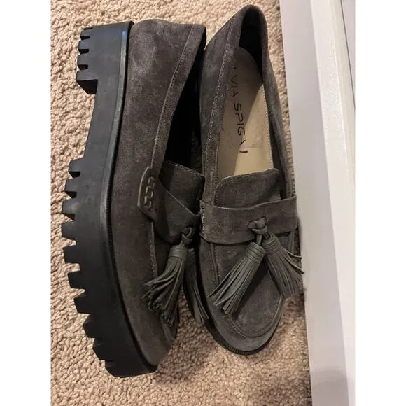VIA SPIGA SUEDE TASSELED SLIP ON WOMAN'S BROWN COMFORT CHUNKY HEELS LOAFERS Sz 6