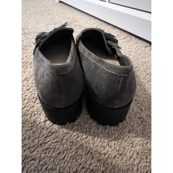 VIA SPIGA SUEDE TASSELED SLIP ON WOMAN'S BROWN COMFORT CHUNKY HEELS LOAFERS Sz 6