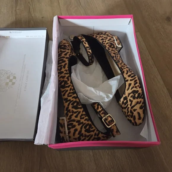 Vince Camuto Attera Cow Hide Leopard Ankle Strap Flats NIB