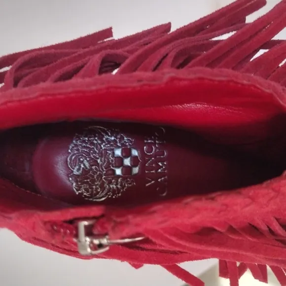 Vince Camuto Double Layered Cowgirl Red Fringed Suede Leather Ankle Boots US 6.5