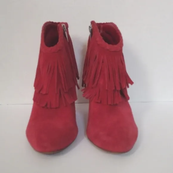 Vince Camuto Double Layered Cowgirl Red Fringed Suede Leather Ankle Boots US 6.5