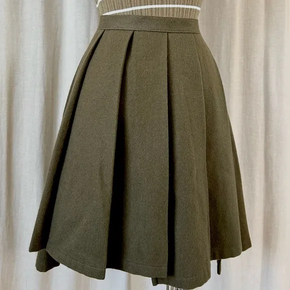 Vintage Wool Pleated Mini Skirt Olive Green High-Rise
