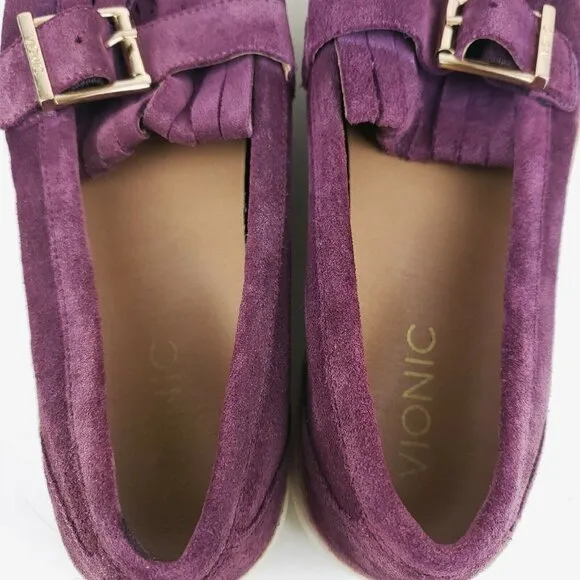 VIONIC Cambridge Purple Merlot Suede Kiltie Loafers Buckle Comfort Size 7.5