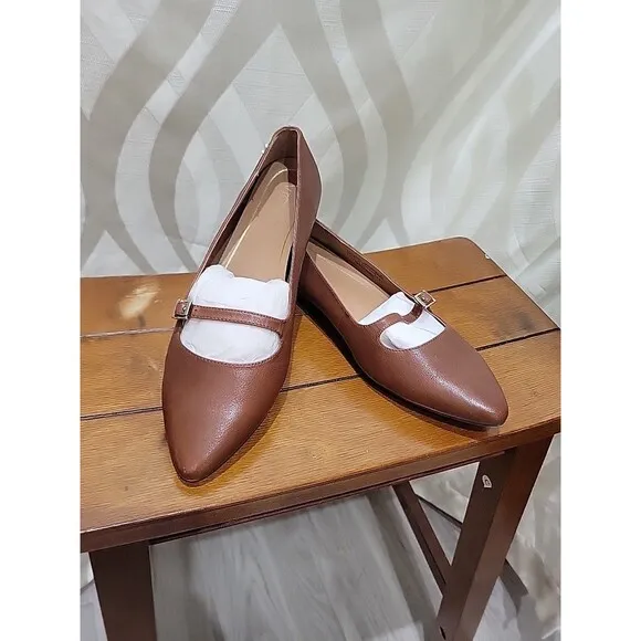 Vionic Delilah Mocha Brown Full Grain Leather Pointed Toe Mary Jane Ballet Flats