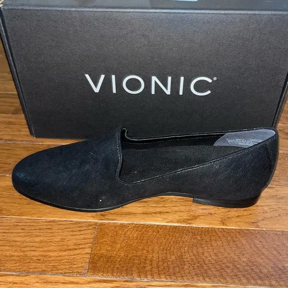 Vionic Willa Shimmer Suede Comfort Loafers Black With Metallic Women’s Size 6