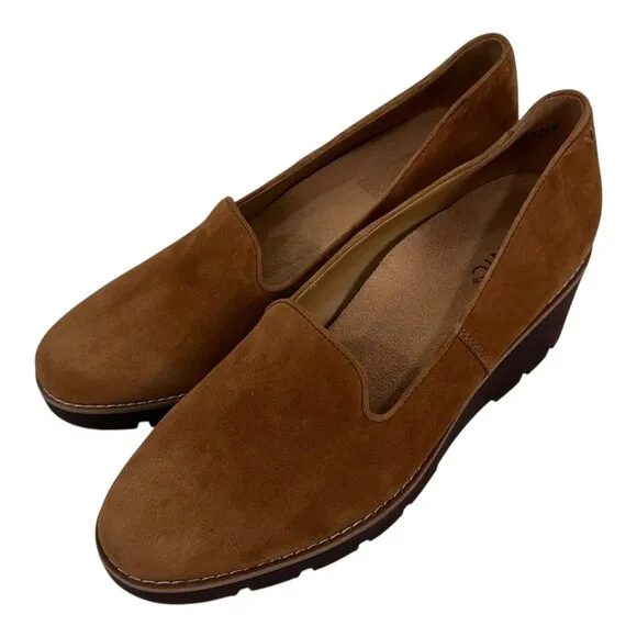Vionic Willa Womens 11 Suede Wedge Loafers Chestnut Brown Slip-On Comfort Shoes