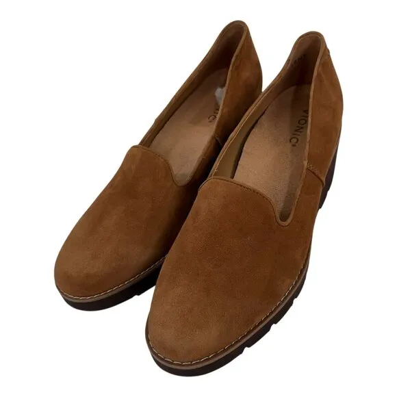 Vionic Willa Womens 11 Suede Wedge Loafers Chestnut Brown Slip-On Comfort Shoes