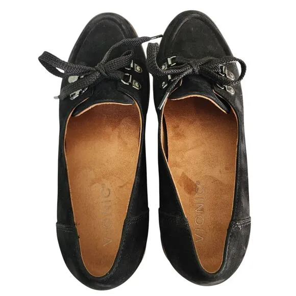 Vionic Womens Teagan Oxford Loafers Size 7.5 Black Nubuck Leather Chunky Lace Up