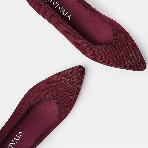 Vivaia Pointed-Toe Flats V-cuts Knit Slip On flats Burgundy Size7.5 EUR38.5