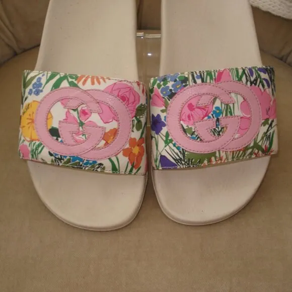 VTG Auth GUCCI x KEN SCOTT Iconic Infinity Jenni GG Floral Sport Pool Slides