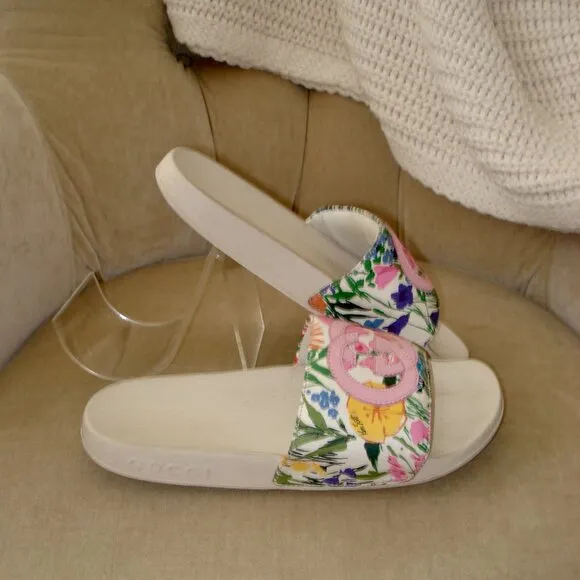 VTG Auth GUCCI x KEN SCOTT Iconic Infinity Jenni GG Floral Sport Pool Slides