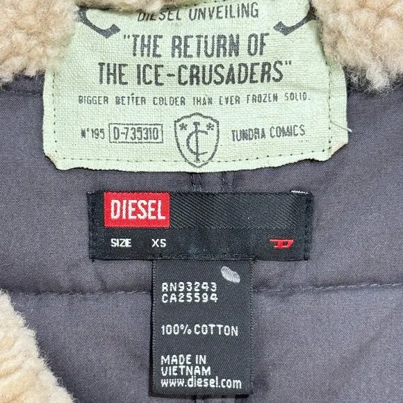 VTG Diesel Vest Womens XS Black Beige Shearling Quilted Faux Leather Crossover