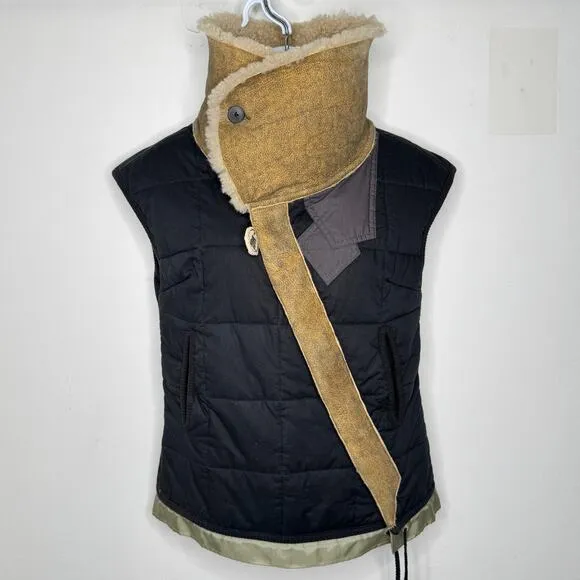 VTG Diesel Vest Womens XS Black Beige Shearling Quilted Faux Leather Crossover
