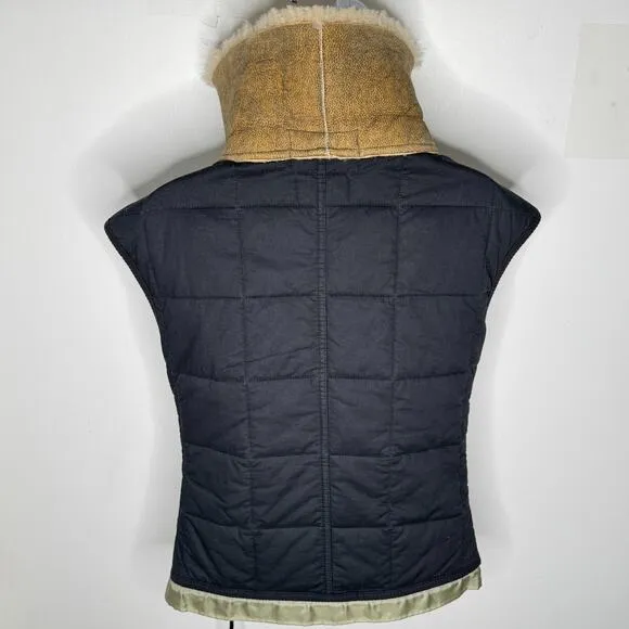 VTG Diesel Vest Womens XS Black Beige Shearling Quilted Faux Leather Crossover