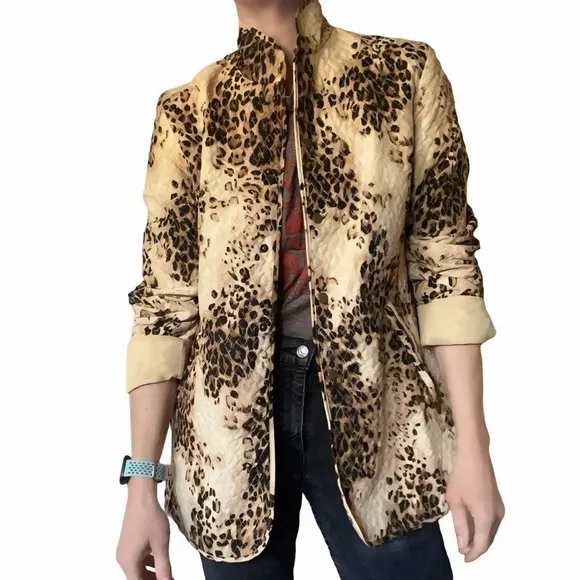 Vtg Liz Claiborne Quilted Snap Animal Print Oversized Lined Long Blazer