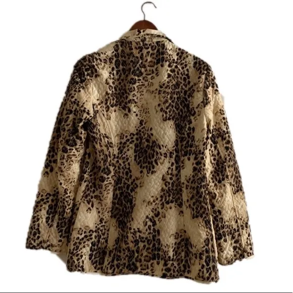 Vtg Liz Claiborne Quilted Snap Animal Print Oversized Lined Long Blazer