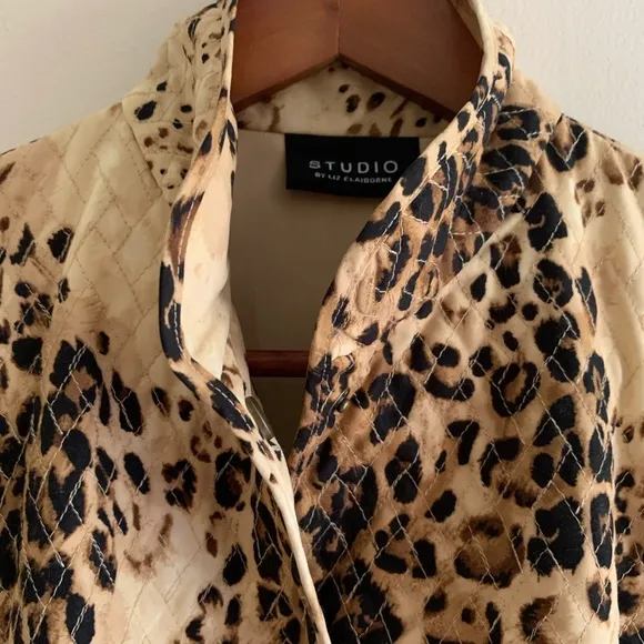 Vtg Liz Claiborne Quilted Snap Animal Print Oversized Lined Long Blazer