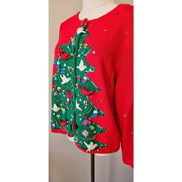 Vtg Michael Simon Christmas Tree Cardigan Sweater 3D Hanging Birds Cardinals LRG