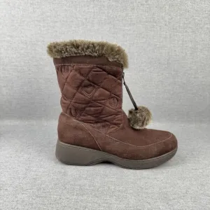 Vtg Skechers Boots Womens 9 Brown Leather Faux Fur Snow Boot PomPom Quilted Y2K