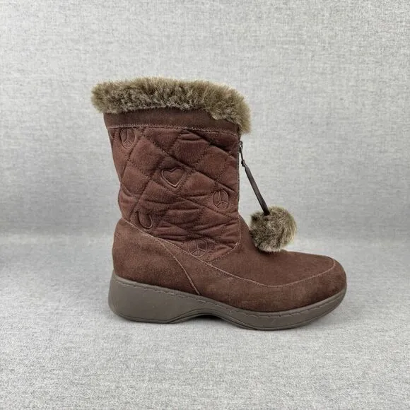 Vtg Skechers Boots Womens 9 Brown Leather Faux Fur Snow Boot PomPom Quilted Y2K