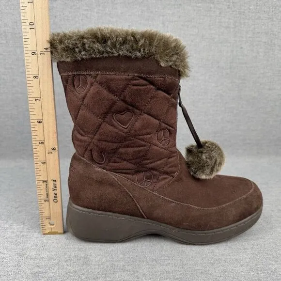 Vtg Skechers Boots Womens 9 Brown Leather Faux Fur Snow Boot PomPom Quilted Y2K
