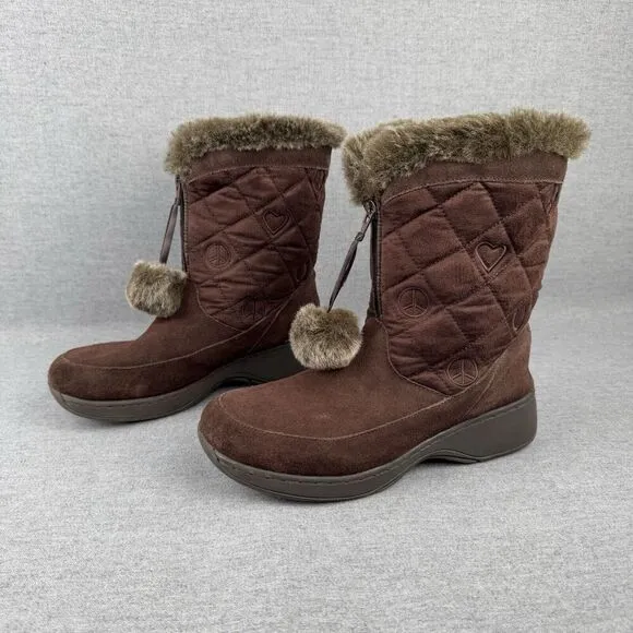 Vtg Skechers Boots Womens 9 Brown Leather Faux Fur Snow Boot PomPom Quilted Y2K