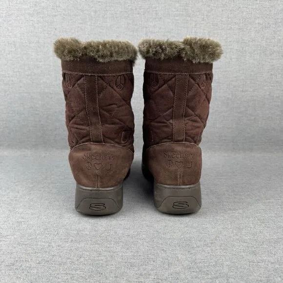 Vtg Skechers Boots Womens 9 Brown Leather Faux Fur Snow Boot PomPom Quilted Y2K
