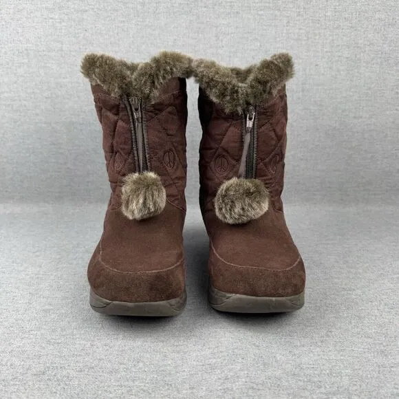 Vtg Skechers Boots Womens 9 Brown Leather Faux Fur Snow Boot PomPom Quilted Y2K